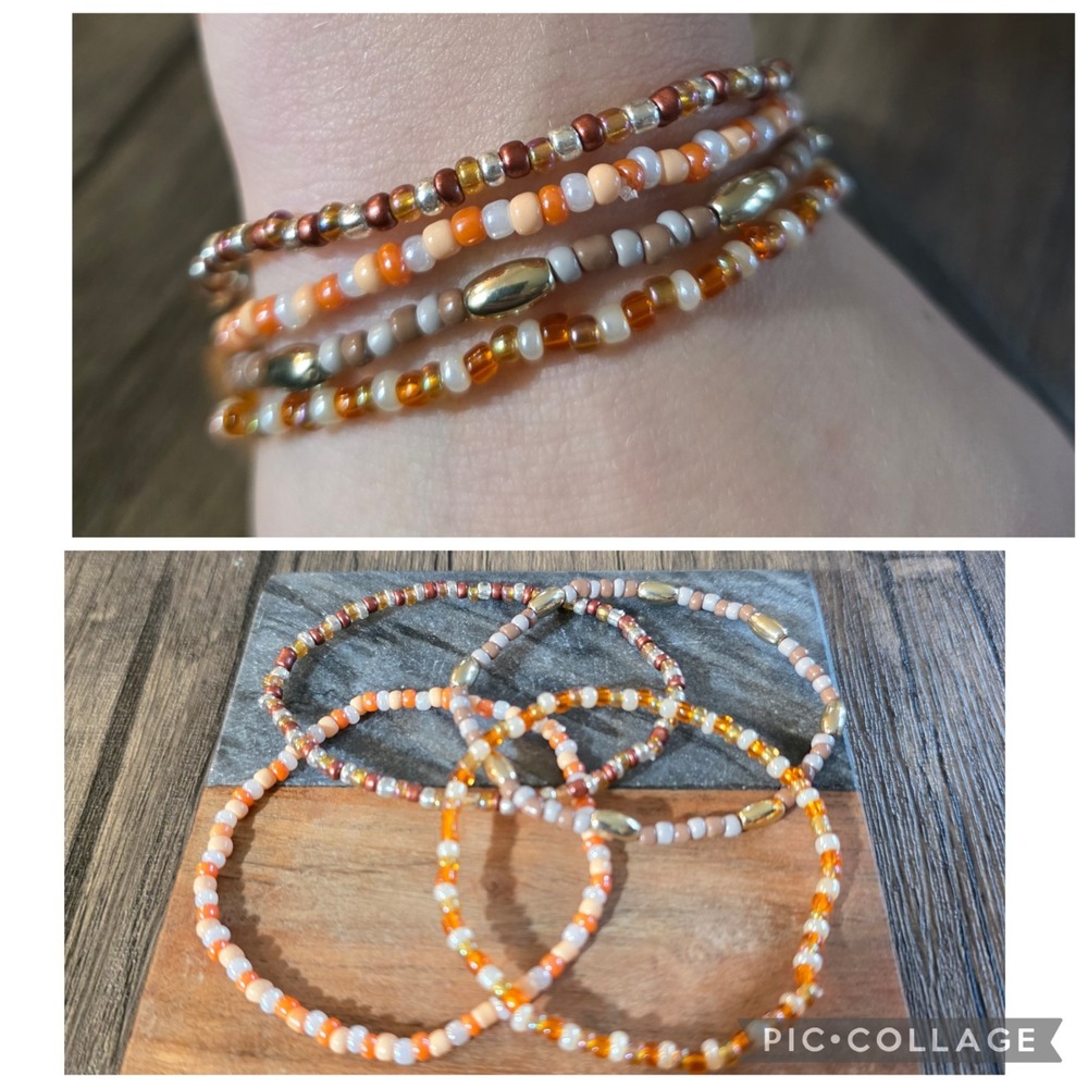 Set of 4 Handmade Beaded Bracelets Anklets Glass Seed Beads Fall Vibes Gold